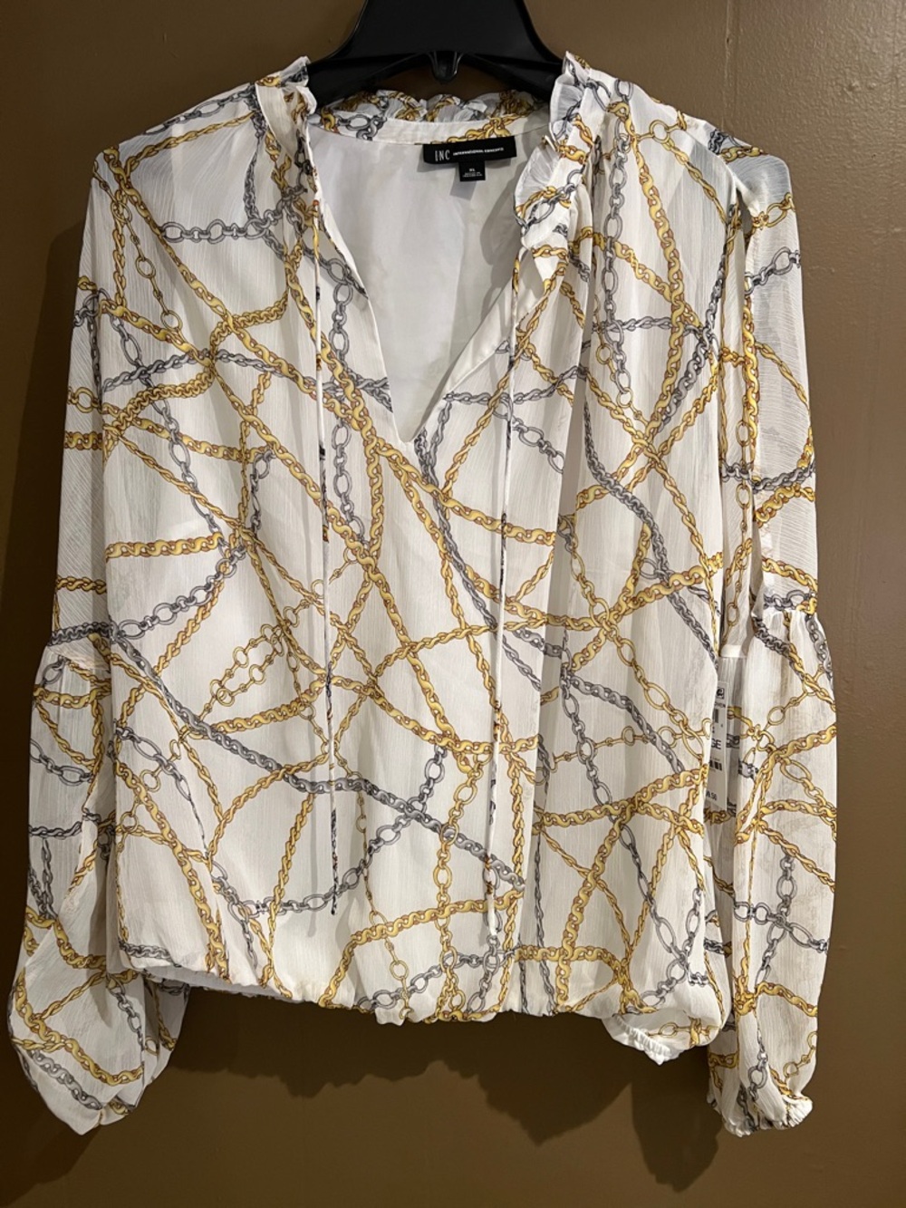 INC International Concepts White Chain-Print V-Neck Long-Sleeve Blouse Sz XL NEW